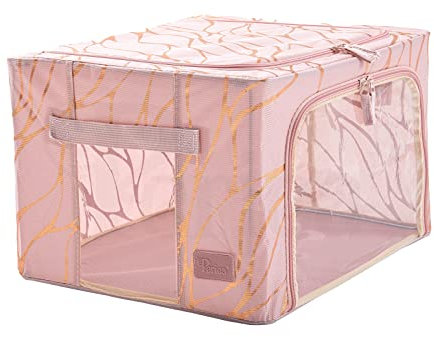 Periea ‘Beau’ Folding Collapsible Stackable Fabric Home Storage Boxes with Steel Frames (Rose Gold, Small)