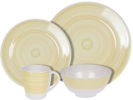 HEKERS 100% Melamin Geschirr Spring elfenbeinweiß/gelb rund - Set 24-Teilig 6 Personen - Outdoor Picknick Camping Spülmaschinenfest