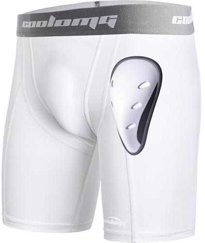 COOLOMG Men Compression Shorts with Athletic Cup Sliding Underwear for Baseball Football MMA Lacrosse Field Hockey White S…