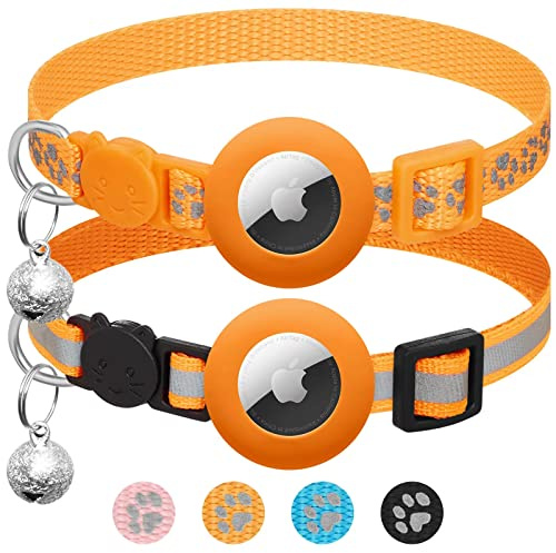 2 Pack Airtag Cat Collar Breakaway with Bell,Reflective Kitten Collar with Apple Airtag Cat Collar Holder,Adjustable 7-12In,Safety Buckle for Girl Boy Cats,Pet Supplies,Accessories,Gifts(Orange)