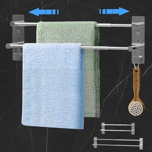 Cinnani Porta Asciugamani Bagno, Portasciugamani da Parete Estensibile 37-70cm, Porta Salviette in Acciaio Inox, Portaasciugamano da Bagno Adesivo, Porta Asciugamano Senza Foratura 2 Aste con Ganci