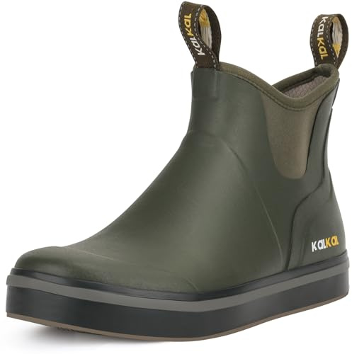 Kalkal Men's Deck Boots Anti-Slip Saltwater Fishing Rain Boots with Memory Foam, Waterproof Rubber Ankle Work Boots for Sailing (Size 7-14)