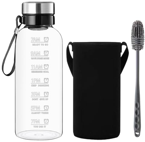 RNCKUUE 2 Liter Glasflasche, 2l Glas Trinkflasche, Wasserflasche Glas mit Sieb, Neoprenhülle, Flaschenbürste