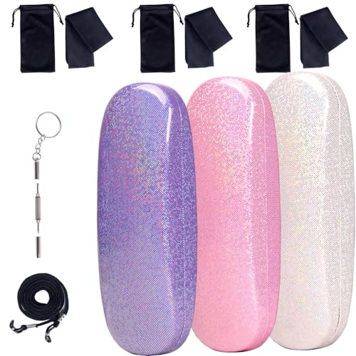 ADBGV 3Pack Unisex Hard Shell Glasses Case,Glitter Eyeglasses Cases Sunglasses Cases,With Cleaning Cloth, Fixed Non-Slip Cord