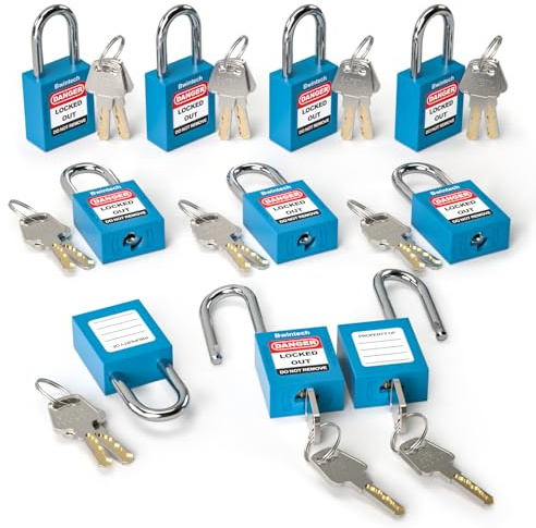 Bwintech 10 Pcs 38MM Candado de seguridad azul diferente con llave para bloqueo y etiquetado de estaciones y dispositivos de bloqueo y etiquetado