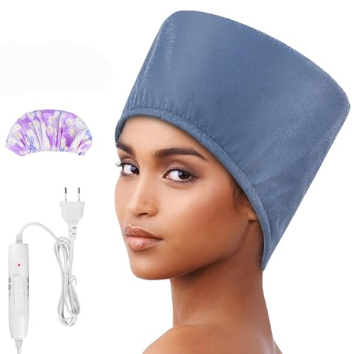Totofac Casque Chauffant Cheveux Vapeur Soin, Bonnet Chauffant Cheveux, 2 Niveaux de Température, Charlotte Chauffante Idéal pour les soins à la maison (Noir) (bleu)