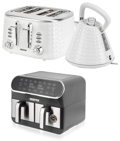 GEEPAS Kitchen 8L Dual Basket Air Fryer, 4 Slice Toaster & 1.5L Kettle Appliances Set, Textured Design With 3000W Pyramid Kettle, 10-1 Convection Air Fryer with LED Display, Wide Slot Toaster, White
