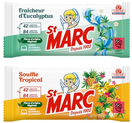 [Nouveau] Lot découverte St Marc lingettes nettoyantes désinfectantes antibactériennes : Fraîcheur d'Eucalyptus + Souffle Tropical, 84 lingettes équivalent à 168