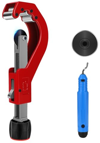 Rohrabschneider 14-65mm, Schnell-Einstellung Leitungsschneider, Rohrabschneider mit Entgrater, Rohrschneider für Kunststoff, Dünner Edelstahl, Stahl, Kupferrohr, Aluminium (Rot)