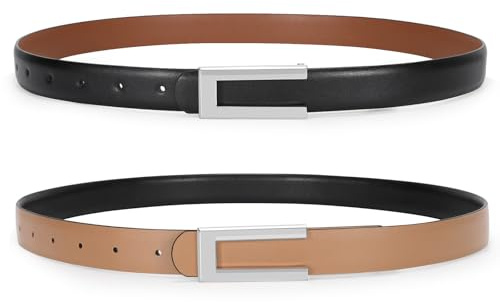 SUOSDEY 2 Pack Reversible Leather Belts for Women Adjustable Skinny Belt Ladies Belts for Dresses Jeans with Silver Buckle, Black/Brown+Black/Khaki
