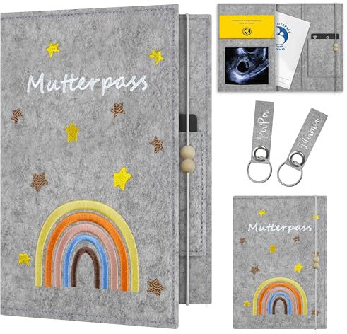 Aufisi Mutterpass Schutzhülle, Filzhülle mit Fächern für Versicherungskarten fur Ultraschallbilder Aufbewahren, Impfpass, mit 2 Schlüsselanhänger Mutterpasshülle Personalisiert, Hellgrau