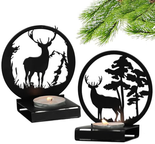 BETESSIN Lot de 2 Photophore Bougie Noël en Métal Porte Bougie Renne Chauffe-Plat Bougeoirs Chandelier Décoration Table Noël