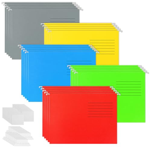 LOPYXBR 25 piezas carpetas colgantes A4, 5 colores carpetas colgantes a4 plastico, carpeta colgante plastico con pestañas y soportes para tarjetas para la escuela, el hogar, Oficina