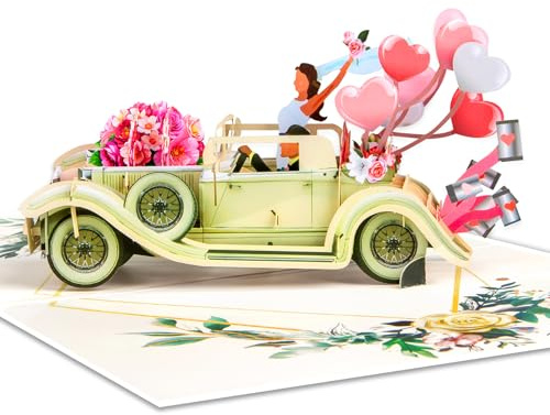 Greeting art popup bröllopskort bröllopsbil, 3D-bröllopskort 'Just Married' gratulationskort för bröllop, kupong för bröllopsresa & pengagåva, smekmånad gåva