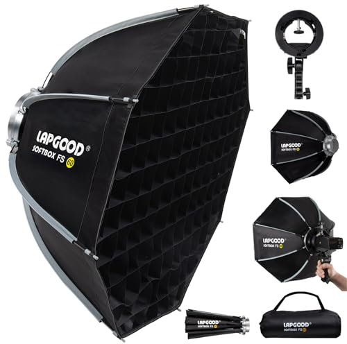 LAPGOOD FS60 Softbox 60 cm Softbox, Caja de Luz Plegable de Liberación Rápida con Rejilla de Panal, Soporte de Flash Tipo S, Soporte Bowens y Bolsa de Transporte, Caja Suave para Estudio (FS60)