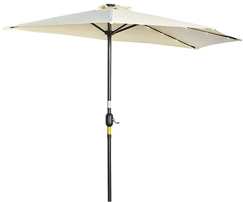 Outsunny Parasol mural et mur 2,6 x 1,35 m avec 20 lumières LED et panneau solaire, parasol de jardin avec manivelle et 5 lames, parasol demi-cercle avec poteau 2 sections, beige