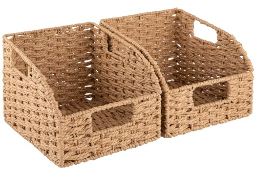 OIAHOMY Pantry Baskets for Organizing, Paper Rope Baskets with Built-in Handles, Wicker Storage Bins for Shelves, 2 Pack-Yellow