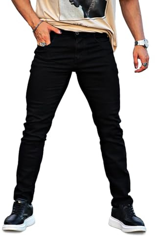 GINGTTO Hombre Vaqueros Skinny Elásticos Slim Fit Pantalón Ajustado Denim Jeans para Hombres Negro 33W/32L