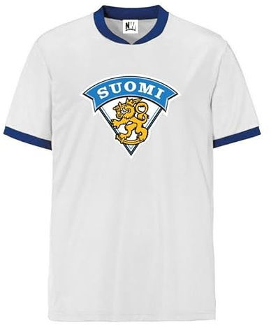 Finlands Fotbollströja Vit med Blå Kant, Suomi Sköld och Lejonemblem | Unisex sporttröja i storlekarna XS till 3XL, lätt och andningsbart tyg för match, träning och avslappnad vardagsanvändning