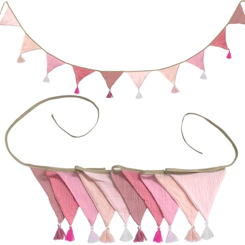 10-teiliges Stoffwimpel-Set, rosa Wimpelgirlande für Babyzimmer, Babyparty, Gartenhochzeit, Mädchen- und Jungengeburtstag, Schlafzimmer-Deko, 3,15 m (Quasten, Rosa)