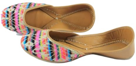 Indian Marketplace Women's Traditional Handcrafted Juttis, Multicolor Geometric Pattern, Leather Ballet Flats (US Footwear Size System, Adult, Women, Numeric, Medium, 7)