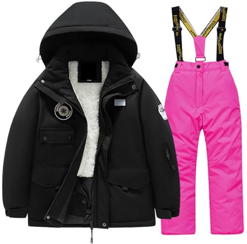 Genérico Traje de Esquí Infantil Chaqueta Pantalones Lana Múltiples Bolsillos Impermeable Abrigado Snowboard Invierno Niñas Equipación Deportiva Nieve (Red, 10-12 Years)