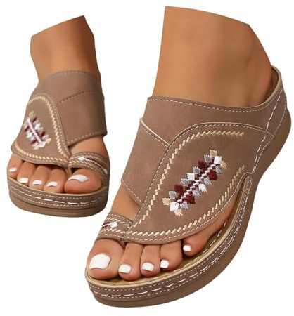 Sandalias ortopédicas para mujer, tacón de cuña, sandalias informales, ligeras, separadores de dedos con bordado, cómodas, planas, para juanetes, zapatos de verano, zapatos de playa con sillas en el