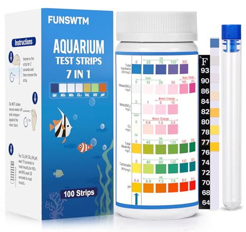 FUNSW 7 in 1 Aquarium Test Strips, Fish Tank Test Kit,Freshwater Saltwater Aquarium Water Test Kit to Detect pH Nitrite Nitrate Chlorine Carbonate Hardness (GH & KH)