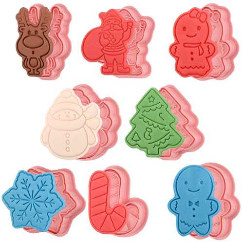 (Set of 8) Christmas Cookie Cutters with Plunger Stamps Set, Gingerbread Boy/Girl Snowman Santa Claus Snowflake Christmas Tree Reindeer Cookie Cutters