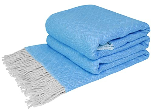 LYHome Bomullsfilt - Pläd med Fransar: Bomull Filt Perfekt för Soffa, Säng, Vardagsrum, Sovrum, för Dekoration, Som Gåva. Tät, Mysig, Tung Pläd (140 x 200 cm/Ljusblått - Vitt Randiga Rutor)