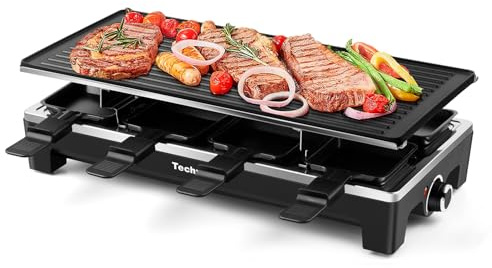 Raclette Grill, Techwood Electric Table Indoor Grill Korean BBQ Grill, Removable 2-in-1 Non-Stick Grill Plate, 1500W Fast Heating with 8 Cheese Melt Pans, Ideal for Parties and Family Fun