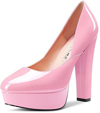 Castamere Femmes Haut High Talon Heel Bloc Chunky Plate-Forme Rond Bout Slip-on Escarpins Classique Cute Dress 13 CM Heels Chaussures Rose 44 EU