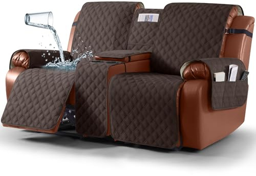 Ruaozz Waterproof Loveseat Recliner Cover with Console Non-Slip Reclining Couch Covers Split Sofa Slipcovers with Elastic Straps for Kids, Dogs, Pets (Chocolate, 2 Seater)