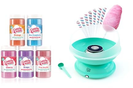 Cotton Candy Express BB1000-S - Máquina de algodón de azúcar, con tarros de 5 a 11 onzas de cereza, uva, frambuesa azul, naranja, hilo dental de vainilla rosa y 50 conos de papel, fácil de usar y