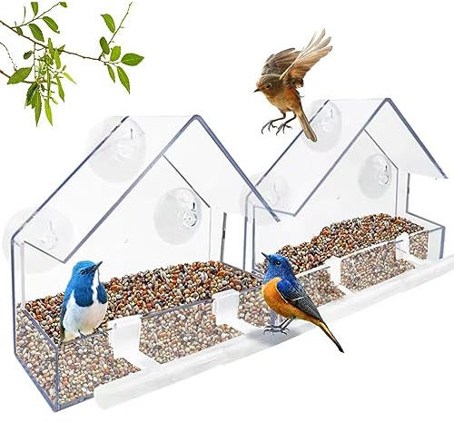 WLLKOO Window Bird Feeder 2 Pack, Bird House for Outside with 4 Rod, Small Acrylic Window Bird Feeder with Strong Suction Cups and Drain Holes 5.9 * 2.4 * 5.9 in