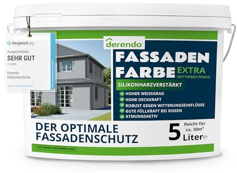 derendo Fassadenfarbe grau aussen 5l mit EXTRA hohem Wetterschutz, matte silikonharzverstärkte Fassaden Farbe, hohe Deckkraft und gute Füllkraft bei kleinen Rissen (Elefantengrau 9-38)