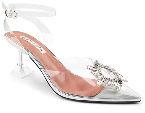 Zzheels Women's High Heel Crystal Slingback Pumps Pointed Toe Strappy Triangle Heeled Party Wedding Bride Pump Shoes Silver US8.5