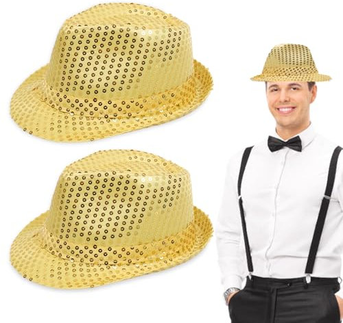 UILYNIU 2 Pièces Chapeau à Paillettes, Chapeau de Danse Jazz Déguisement, Chapeaus de Fête à Paillettes, Tenue Disco, Chapeaus Fedora, Accessoires de Costume Disco, Spectacles de Jazz (Or)