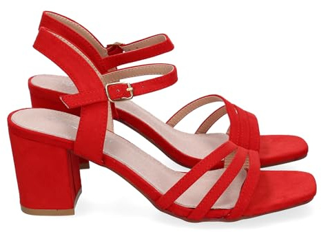 shoes&blues.es 89704 Sandalia de Tacon para Mujer, Comoda, con Palas Finas, Talon Abierto, y Cierre de Hebilla, Primavera Verano 2023 Rojo Talla 41