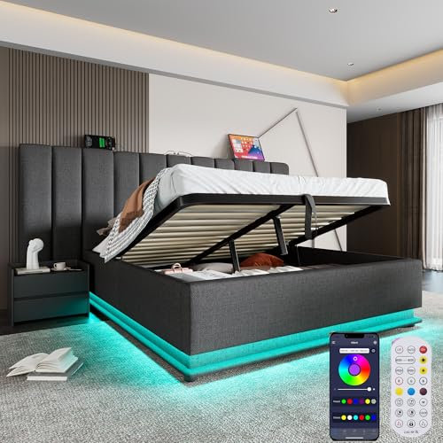 Zepneiy Bett 180x200 mit App Control LED und USB, Polsterbett 180x200 mit Stauraum und Kopfteil, Doppelbett mit Lattenrost Jugendbett Stauraumbett Bettgestell Leinen Grau(Ohne Matratze)