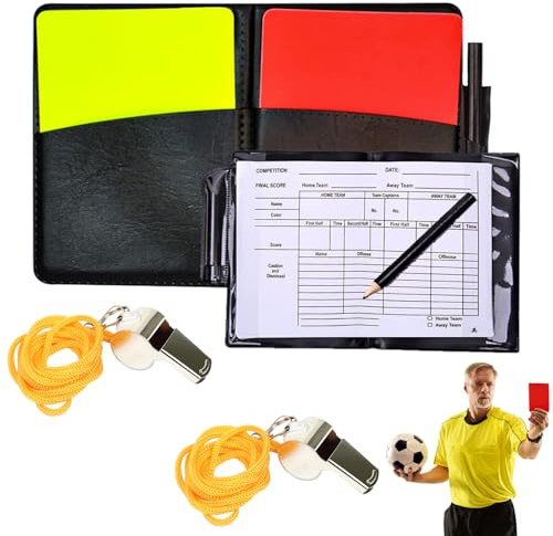 Set de árbitro de fútbol – Tarjetas roja y amarilla de PVC, 2 silbatos de acero inoxidable con cordón con 5 informes de partido y lápiz – Ideal para entrenadores, profesores y partidos escolares