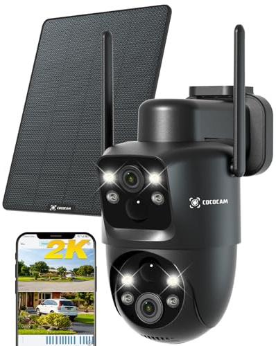 COCOCAM 2K Doppio Obiettivo Telecamera Wi-Fi Esterno Senza Fili, 6W Pannello Solare, Batteria 10000mAh, Doppio PIR e Rilevamento Umano AI, Visione Notturna Colori, 355°P 90°T, WiFi 2.4G