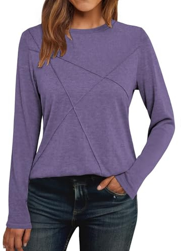 Cuptacc Jersey Mujer Camiseta Manga Larga Mujer Cuello Redondo Camisa Elegante Monocolor Plisados Tops Blusa Morado M