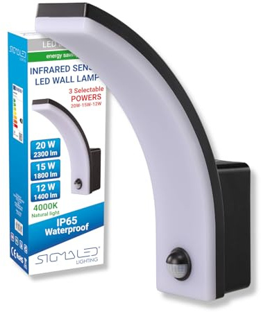 Sigmaled lighting, Lampada da Esterno con Sensore di Movimento Crepuscolare Disinseribile, Applique da Esterno IP65 Resistente Intemperie, 3 Potenze Selezionabili 20W 15W 12W, Luce Naturale, Nera