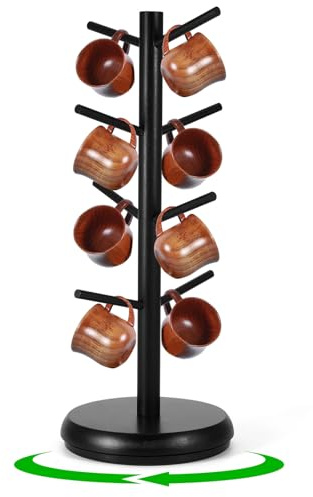 DEECOZY 360° Rotating Mug Tree with 8 Hooks, Wooden Mug Holder, Coffee Cup Drying Stand with Removable Anti-Slip Base, Mug Holders for Kitchen Counter Cabinet Cafe(Black)