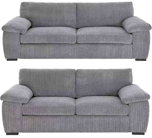Bliss Furniture Amalfi Jumbo Cord 3+2 Seater Sofa Set for Family Living Rooms – Matching 3 Seater + 2 Seater, Soft Corduroy, Birch Frame, Memory Foam – High Back Couch Set (Grey, 3+2 Seater)