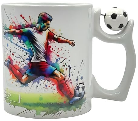 Shopi Zone Taza de cerámica con diseño de futbolista y asa con balón – Ideal para fanáticos del fútbol y regalos originales