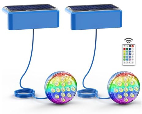LED ATOMANT Confezione da 2 Luci magnetiche per piscina fuori terra LED solare 2,6W RGB IP68, Telecomando, Cavo 1m, Fissaggio con adesivo o viti, Luci per piscina subacquea, illuminazione impermeabile