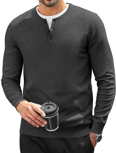 COOFANDY Camisa Henley Hombre Manga Larga Camisetas Básicas para Hombres Botonadura Camisa Manga Larga Camiseta Color Liso Jersey Corte Regular Gris Oscuro M