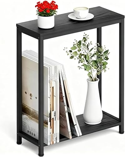 MISSLO Beistelltisch Couch, Kleiner Tisch mit Metallgestell, Schmaler Nachttisch für Wohnzimmer, Schlafzimmer, Sofa, Kaffee, Schwarz